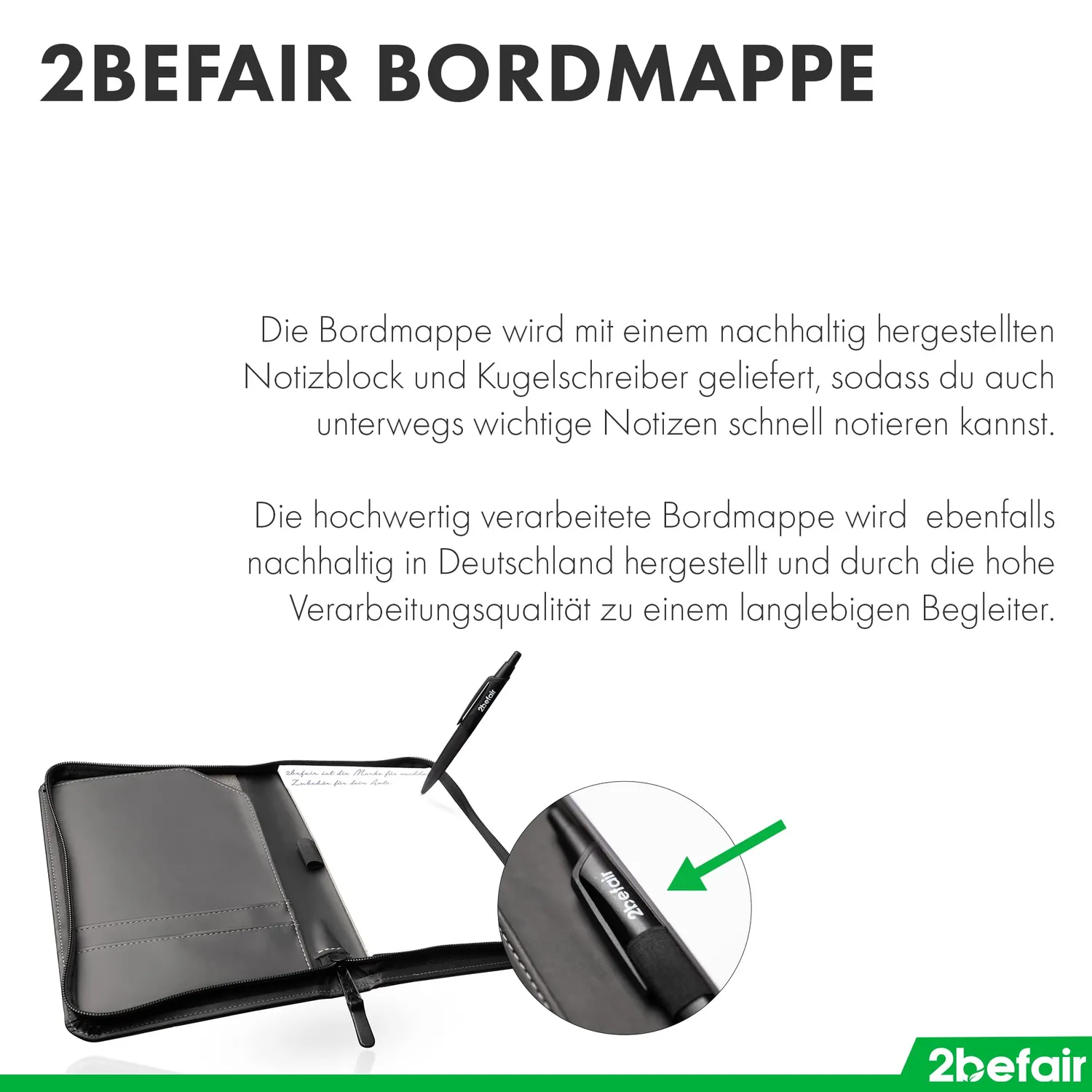 2befair Bordmappe Apfelleder schwarz mit Block Stift