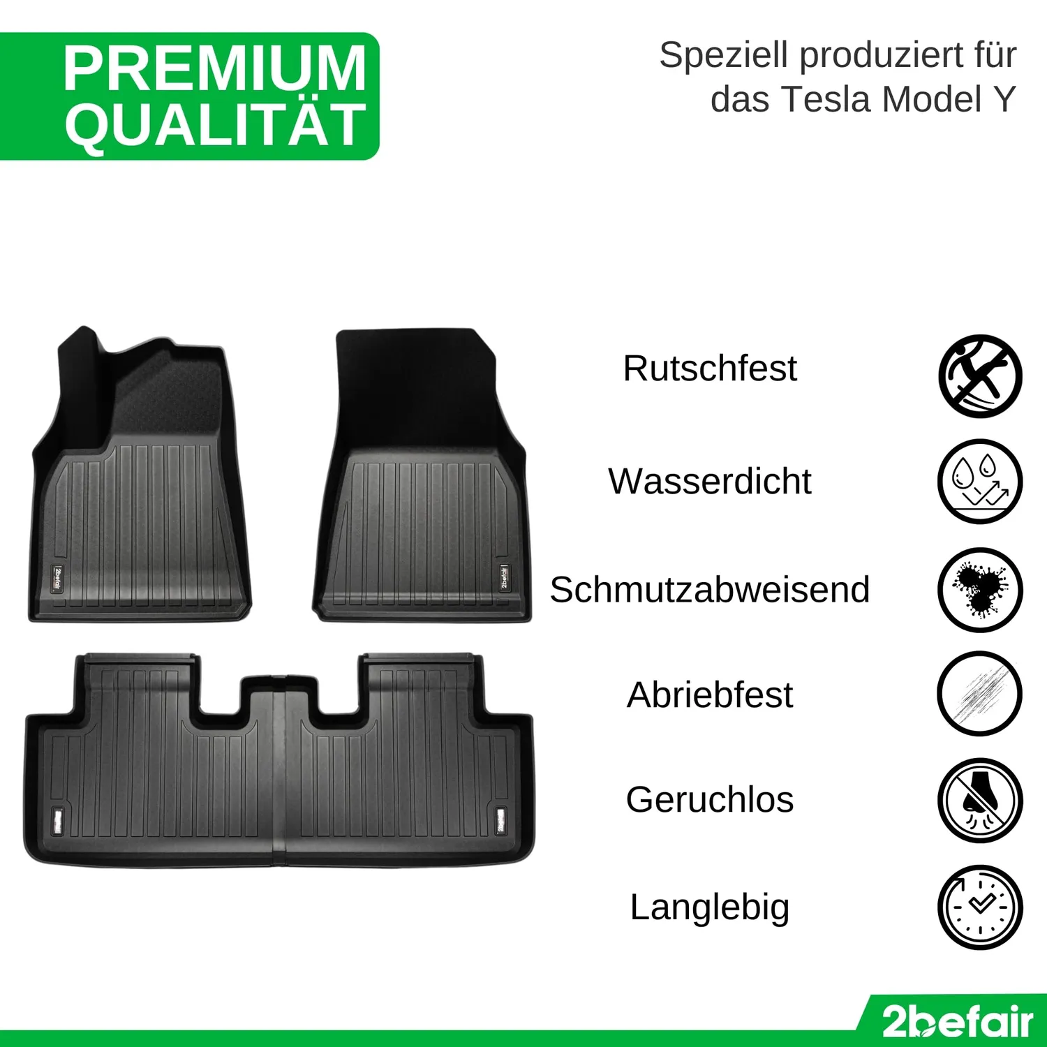 2befair Premium Gummimatten Innenraumset Model Y 3-tlg rutschfest