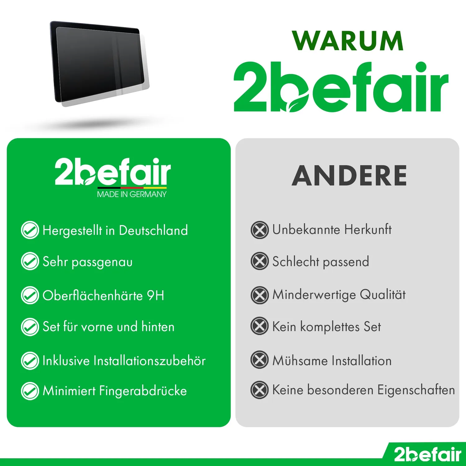 2befair Displayschutzfolien-Set Model S/X Hybridglas glänzend