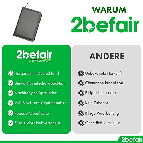 2befair Bordmappe Apfelleder schwarz mit Block Stift