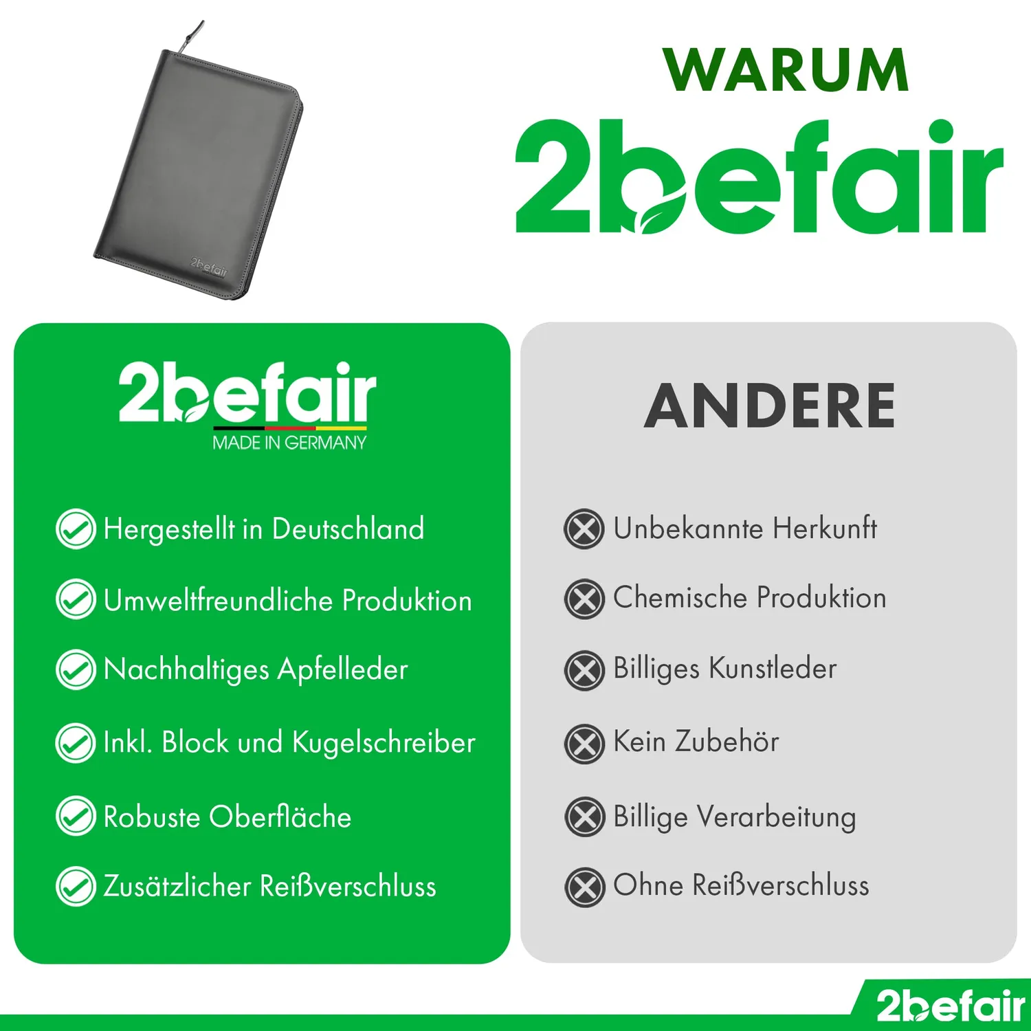 2befair Bordmappe Apfelleder schwarz mit Block Stift