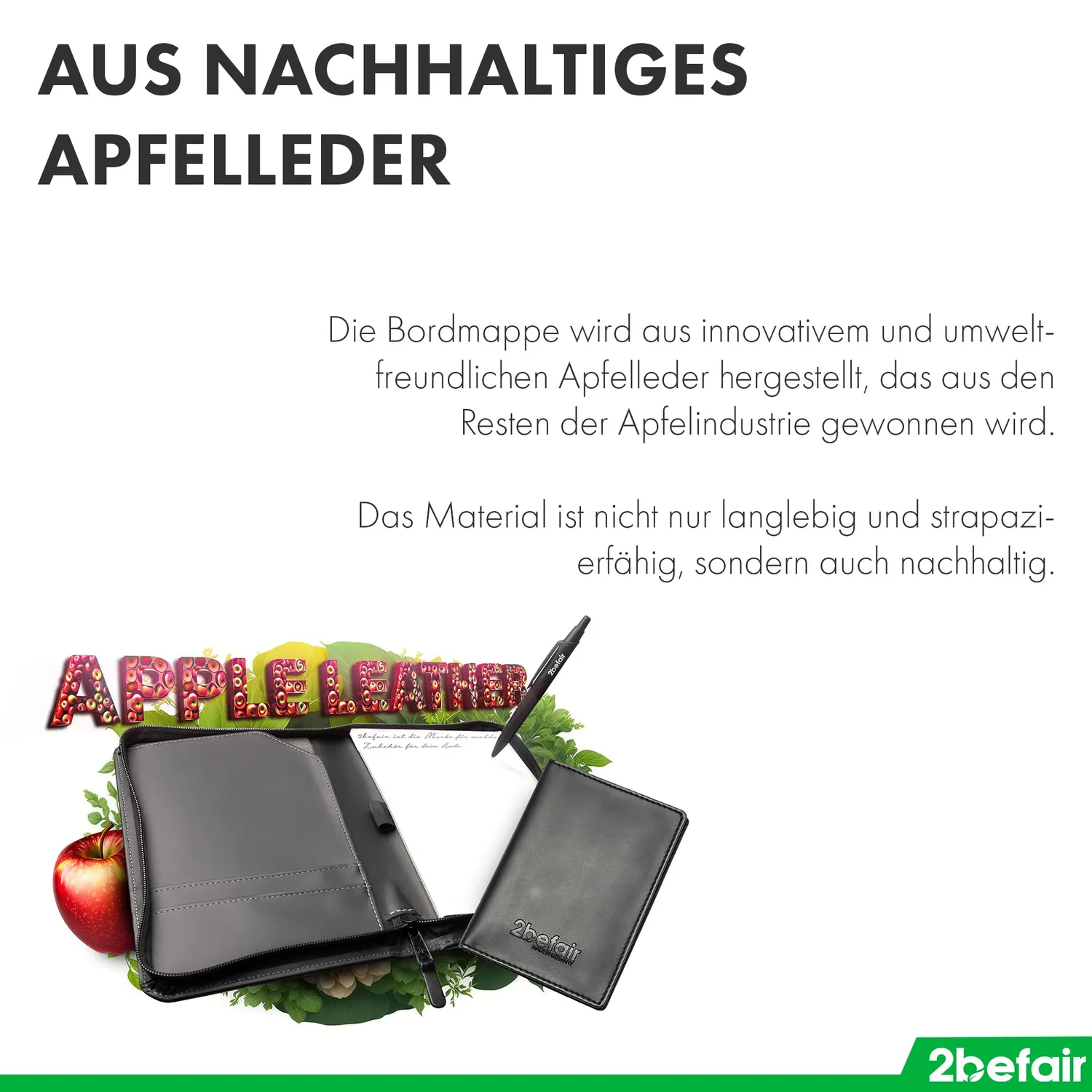 2befair Bordmappe Apfelleder schwarz mit Block Stift