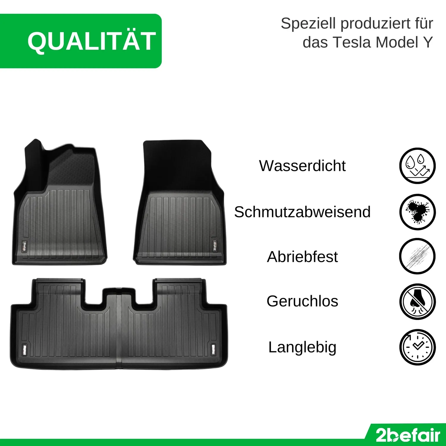 2befair Allwettermatten Innenraumset Model Y 3-tlg geruchlos