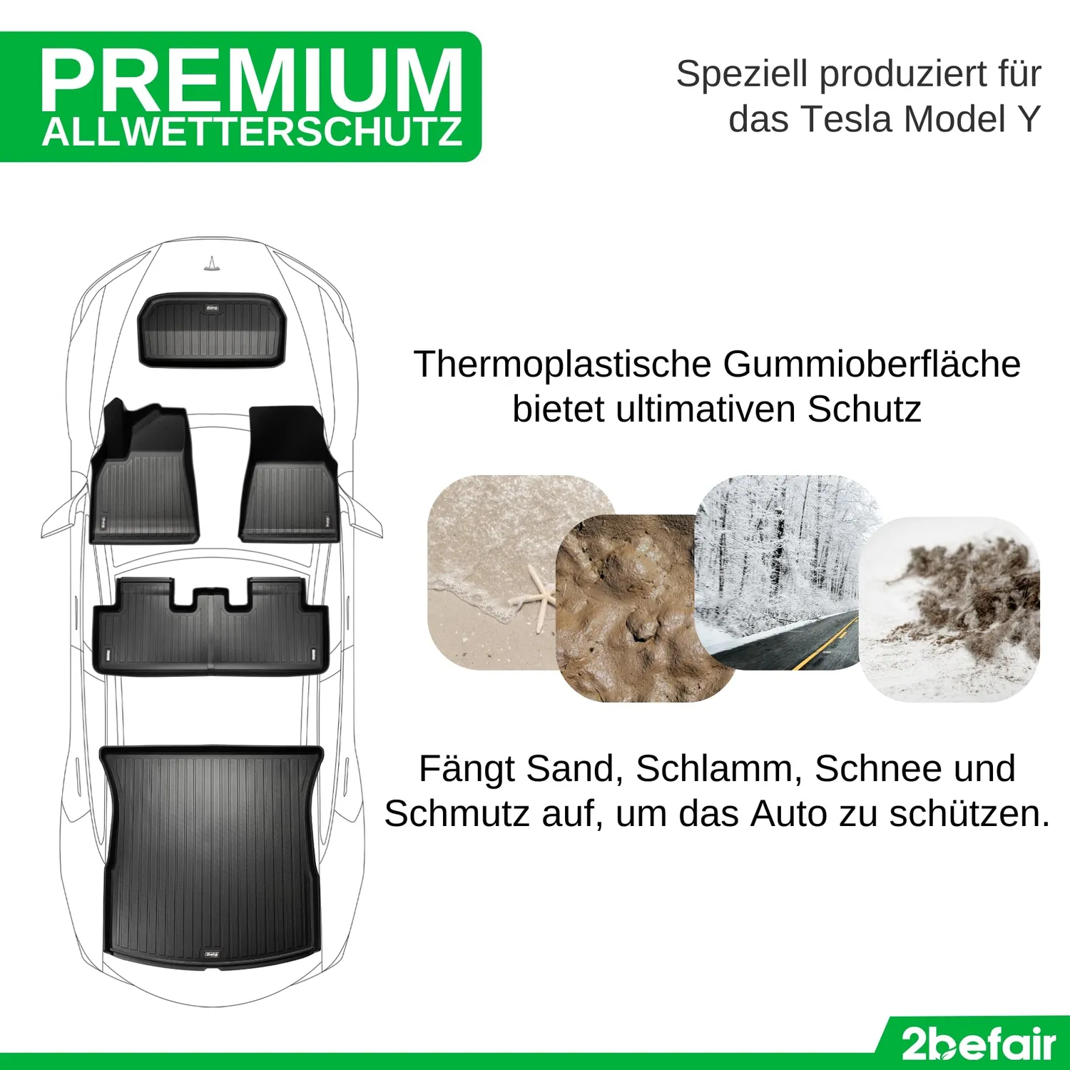 2befair Premium Gummimatten Tesla Model Y 5 Matten Allwetter