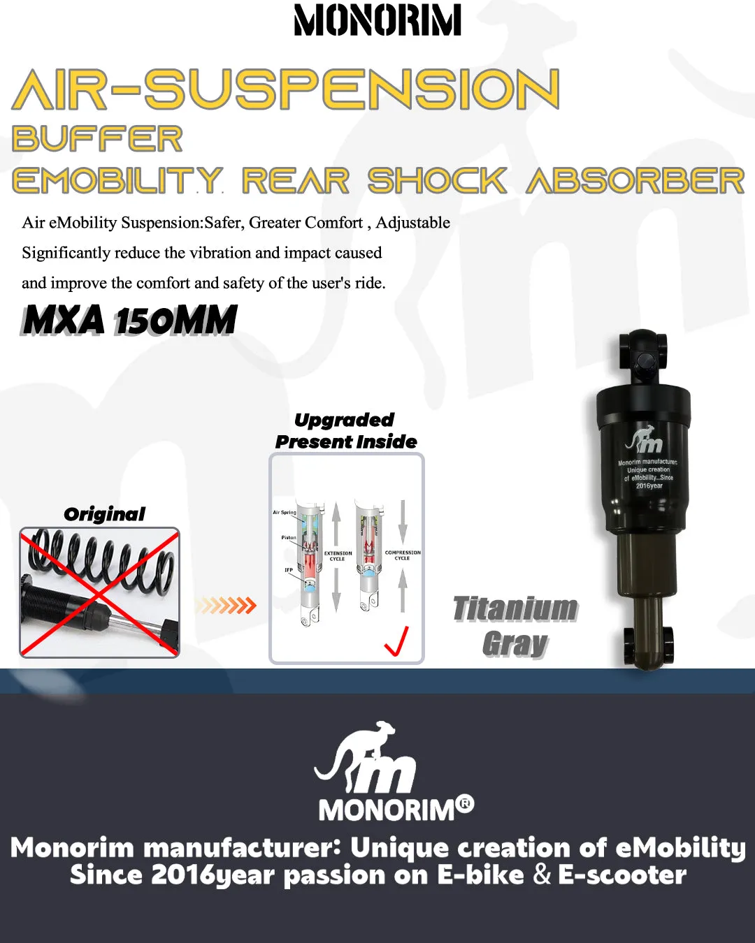 Monorim MXA 150mm Luft Stoßdämpfer E-Bike schwarz