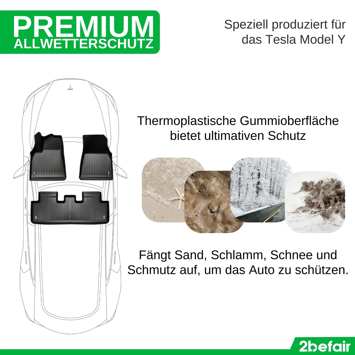 2befair Premium Gummimatten Innenraumset Model Y 3-tlg rutschfest