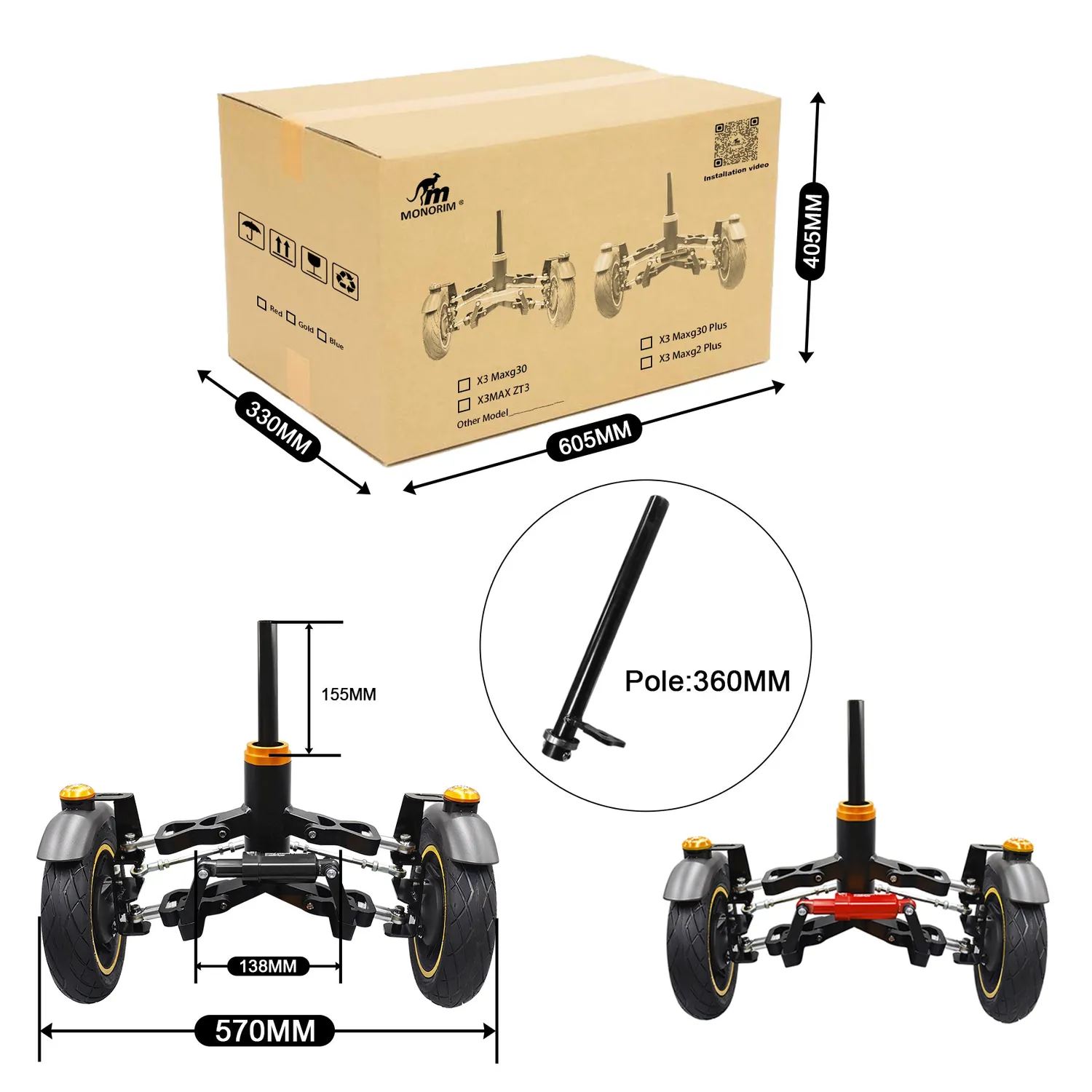 Monorim X3max G30 Federung Dreirad Kit 150 mm schwarz