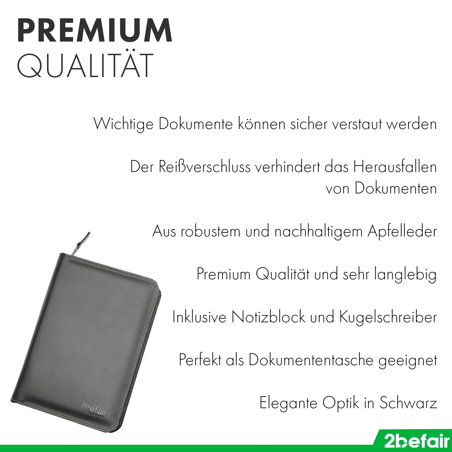 2befair Bordmappe Apfelleder schwarz mit Block Stift