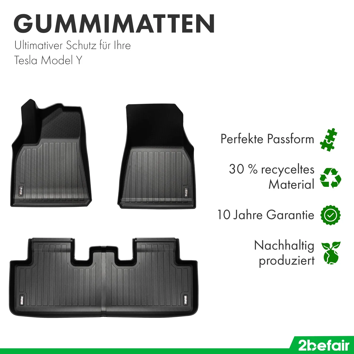 2befair Tesla Model Y Fußmatten 3-teilig Innenraum-Set